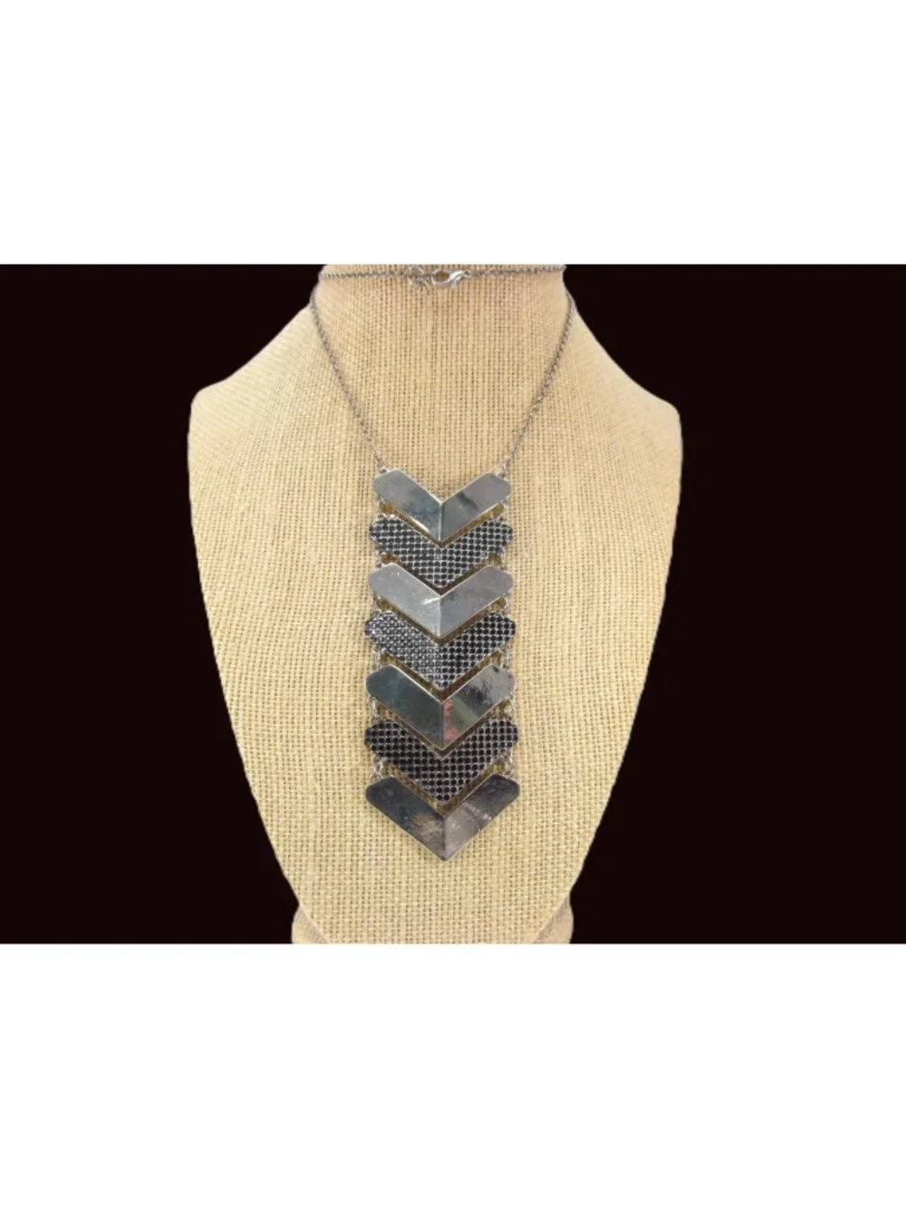 Chevron Statement Necklace with Silver Tone Metal Black Detail Adjustable Chain